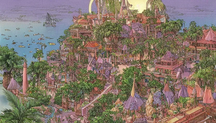 Image similar to beautiful seaside tropical village by moebius, intricate, very beautiful, highly detailed