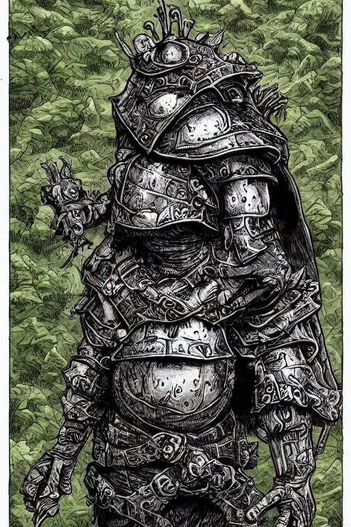 Image similar to toad gobling, wearing armour, swamp, symmetrical, highly detailed, digital art, sharp focus, trending on art station, kentaro miura manga art style