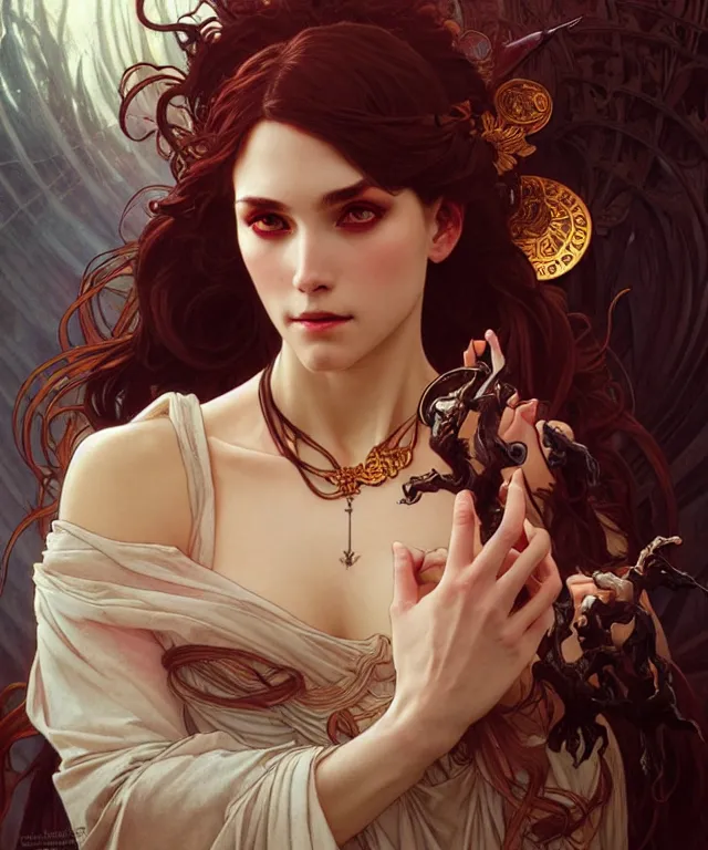 Prompt: a powerful demon witch, portrait, intricate, elegant, highly detailed, 20mm film, smooth, sharp focus, art by artgerm and greg rutkowski and alphonse mucha