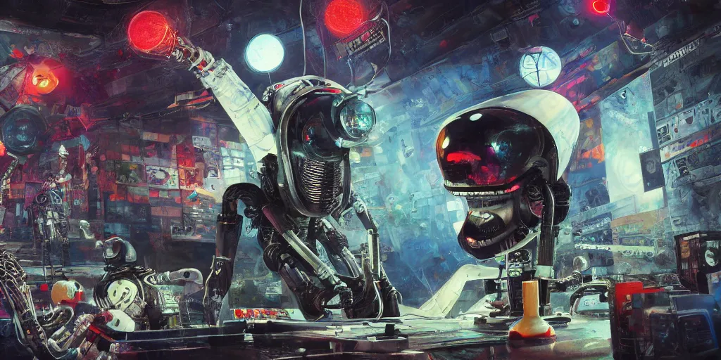 Image similar to subterranean homesick alien, radiohead robots fighting the karma police, paranoid android made of stereo components and speakers, highly stylized, ultra detailed oil painting in the style of frank miller, photorealistic illustration, octane render, 8 k resolution,