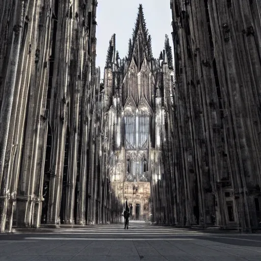 Image similar to the terminator walking next to the cathedral of cologne, germany, volumetric lighting, sharp focus, ultra detailed, cgsociety - w 1 0 2 4 - n 8 - i