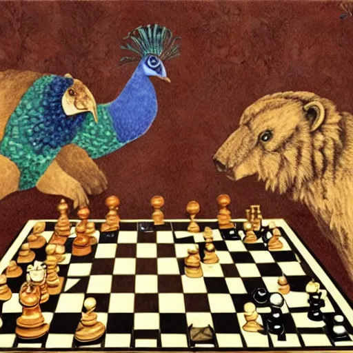 Prompt: peacock and bear playing chess, drawing by mc escher, hyper realistic, volumetric lighting