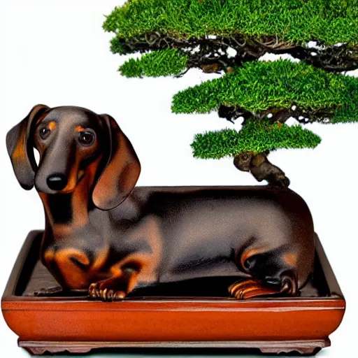 Prompt: Old wood dachshund with leaves, growing in a bonsai pot