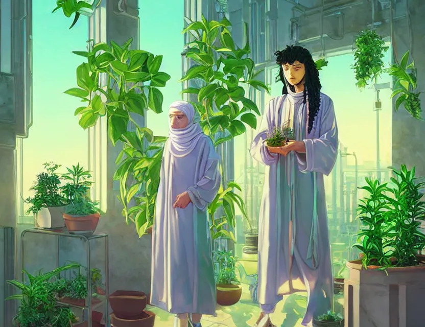 Prompt: middle eastern scifi alchemist in a well lit study with potted plants, wearing a lovely dress with vaporwave details. this oil painting by the award - winning mangaka has an interesting color scheme and impeccable lighting.