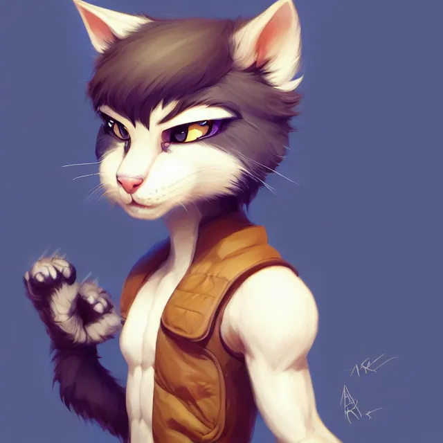 Image similar to character concept art of a young male anthropomorphic furry cat | | cute - fine - face, pretty face, key visual, realistic shaded perfect face, fine details by stanley artgerm lau, wlop, rossdraws, james jean, andrei riabovitchev, marc simonetti, and sakimichan, trending on artstation