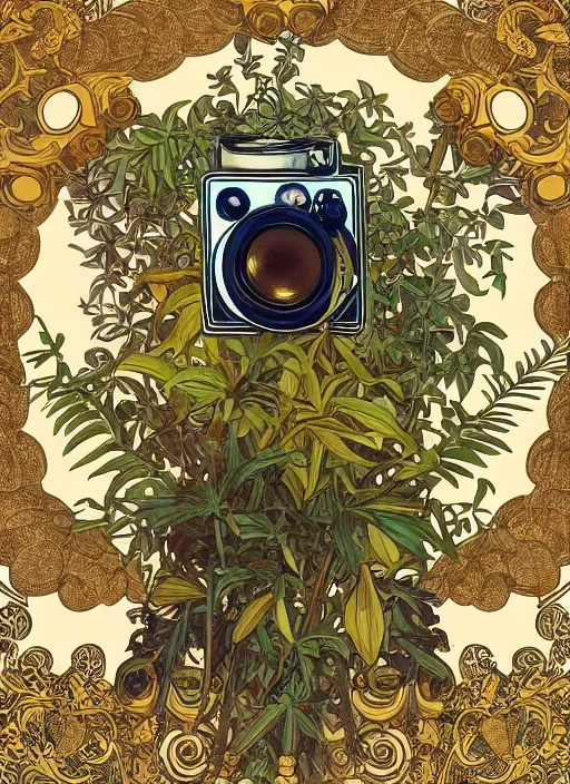 Image similar to photographer looking through a vintage camera, design on white background, beautiful details, lush foliage, gold, drawn by john singer sargent, studio ghibli, alphonso mucha, lolish, trending on artstation