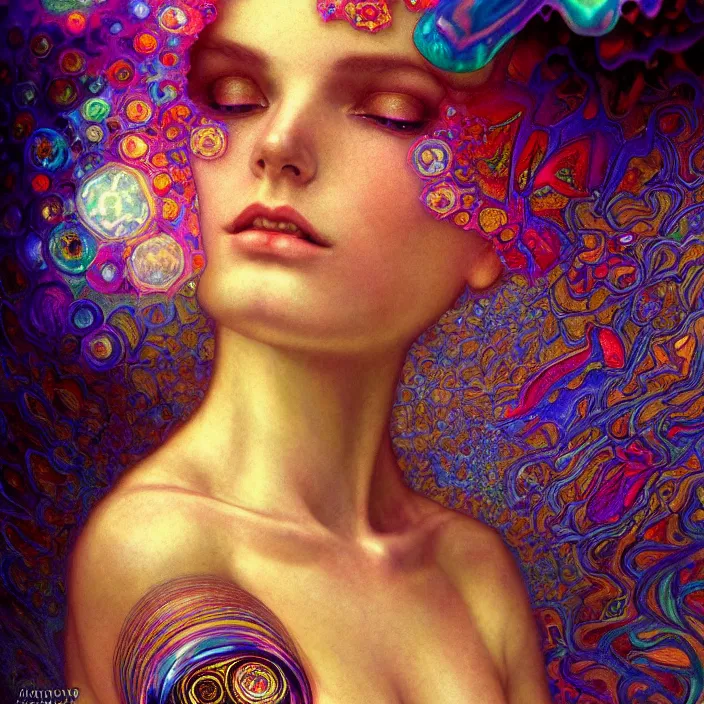 Image similar to extremely psychedelic macro shot, shallow DoF, LSD, diffuse lighting, fantasy, intricate, elegant, highly detailed, lifelike, photorealistic, digital painting, artstation, illustration, concept art, smooth, sharp focus, art by John Collier and Albert Aublet and Krenz Cushart and Artem Demura and Alphonse Mucha