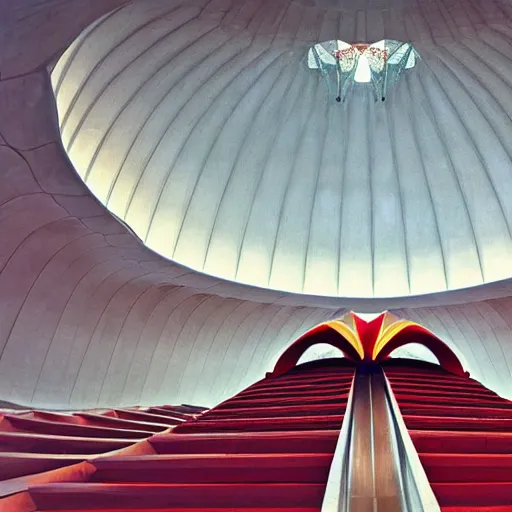 Image similar to interior of a futuristic lotus temple with gold, red and white marble panels, in the desert, by buckminster fuller and syd mead, intricate contemporary architecture, photo journalism, photography, cinematic, national geographic photoshoot