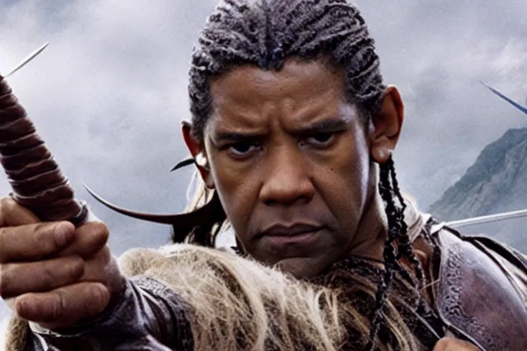 Image similar to Film still of Denzel Washington as Legolas in the movie Lord of the Rings