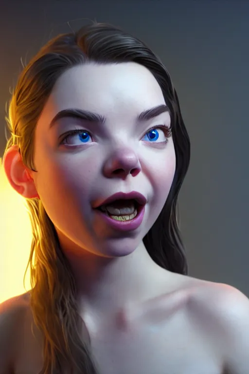 Image similar to anya taylor joy making silly faces selfie, pixar, volumetric lighting, epic composition, hyper detailed, ultra realistic, sharp focus, octane render, volumetric, ray tracing, artstation trending, cgsociety, sense of awe, 4 k