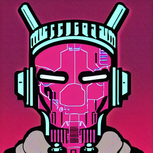 Prompt: in the style of max prentis and deathburger and laurie greasley a 2d y2k vector icon of a cyberpunk headpiece, highly detailed, solid background, cybernetic, y2k, 8k wallpaper