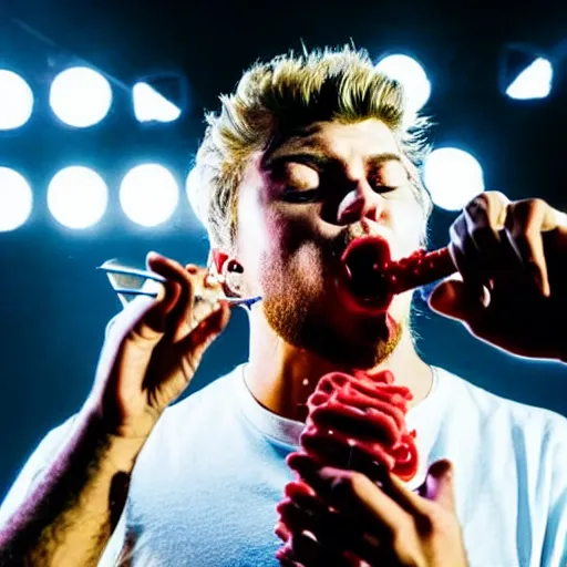 Prompt: yung gravy eating licorice at concert, hidden camera, photograph, 8k