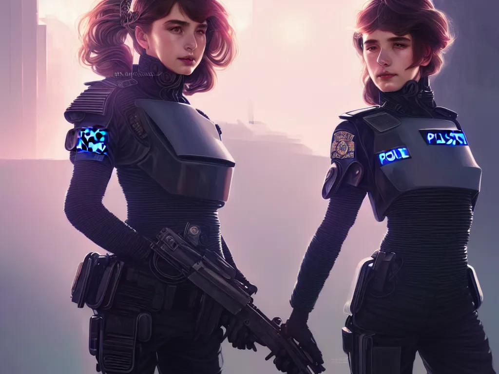 Image similar to portrait futuristic new zealand police uniform girl, at future neon light rooftop, ssci - fi and fantasy, intricate and very very beautiful and elegant, highly detailed, digital painting, artstation, concept art, smooth and sharp focus, illustration, art by tan zi and ayanamikodon and alphonse mucha and wlop