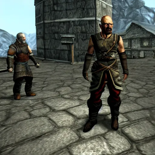 Image similar to Video game screenshot of Walter White as a guard NPC in the Elder Scrolls V Skyrim