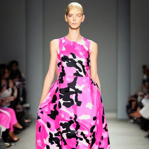 Prompt: tasteful modern hot pink camo dress fashion runway model