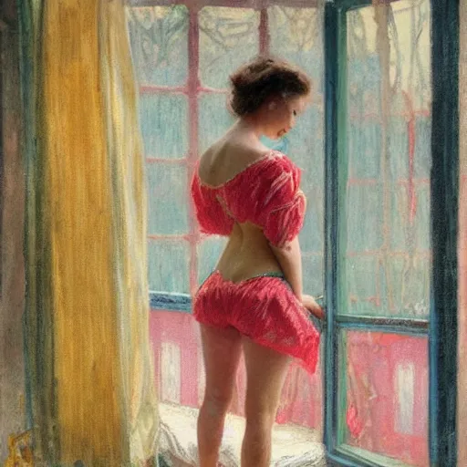 Prompt: A woman looking through a rainy window, raining outside, back view, wide shot, colorful string bikini, modest, 1950s, americana, award-winning, warm colors, by Ilya Repin, deviantart