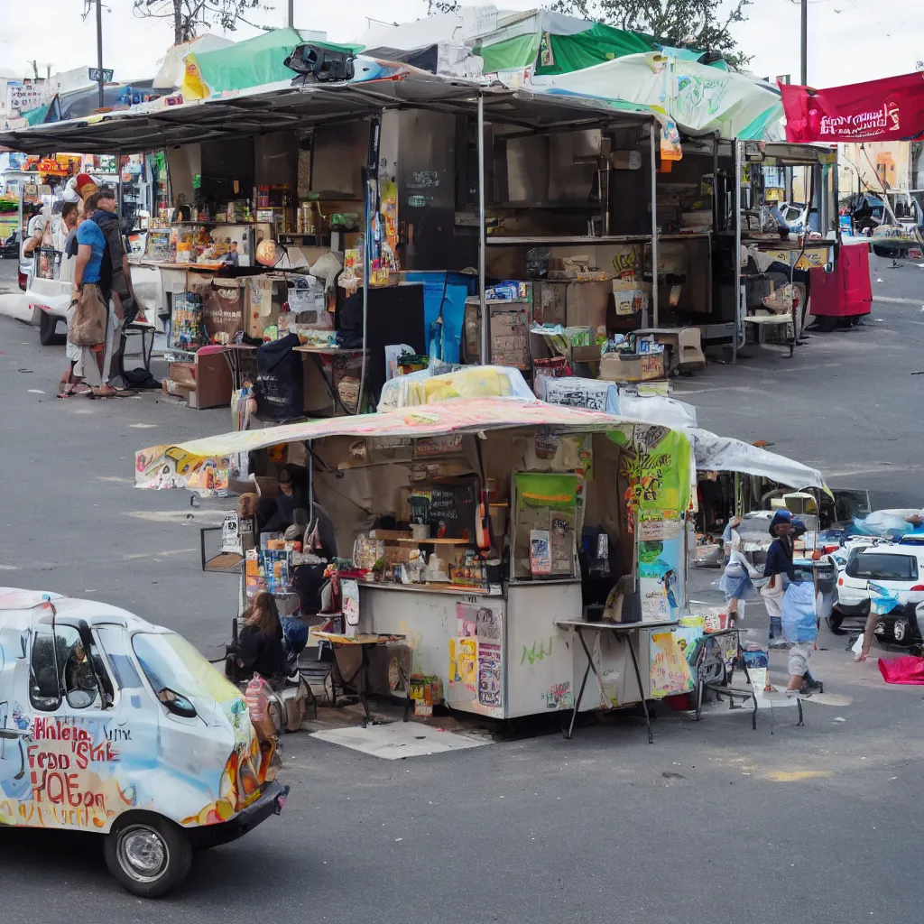 Prompt: food truck With line along side homeless tent . grocery store and smoke shop across the street