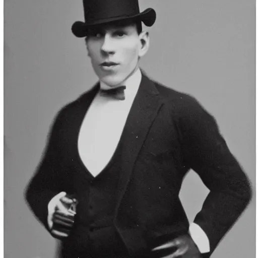 Image similar to A photograph portrait of Jerma985 wearing a bowler hat in the early 1920s, taken in the early 1920s, grainy, taken on a early 1900s Kodak Camera, realistic, hyperrealistic, very realistic, highly detailed, very detailed, extremely detailed, detailed, digital art, trending on artstation