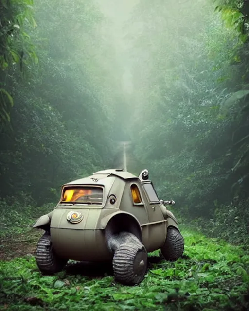 Image similar to epic chase!!!giant oversized battle rabbit robot chubby fat mech with big ears as battle mecha rabbit robot weapon fiat 126p , in jungle forest !!! , full body , Cinematic focus, Polaroid photo, vintage , neutral dull colors, foggy mist ,by oleg oprisco , by victor enrich , by gregory crewdson , by discovery channel