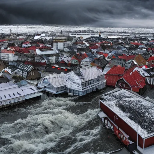 Prompt: tsunami hits trondheim, real historical event caught on camera, dramatic, hdr, hdd, clear image,