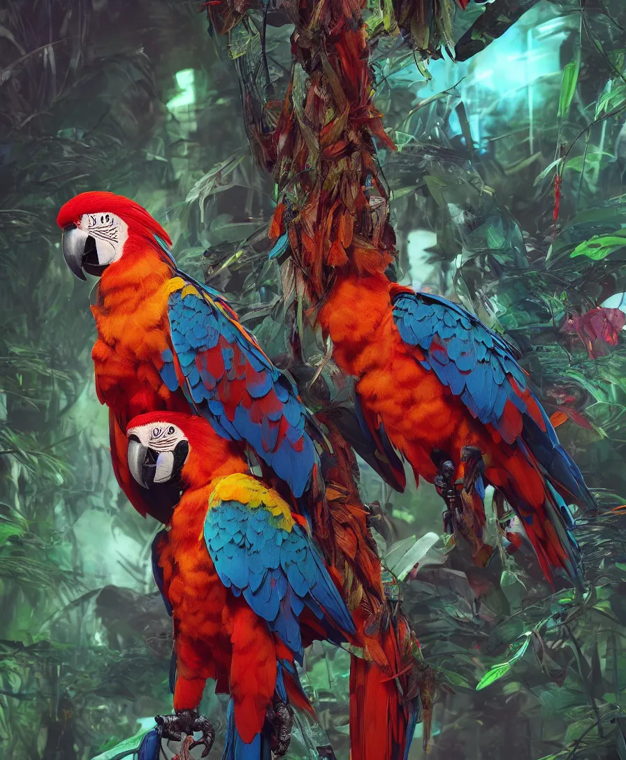 Prompt: beautiful small cyberpunk robot-scarlet macaw in the deep jungle, with neon color feathers, cinematic view, 8k, ultra realistic, vibrant colors, photo realism, trending artstation, octane render, volumetric lighting, high contrast, intricate, highly detailed, digital painting