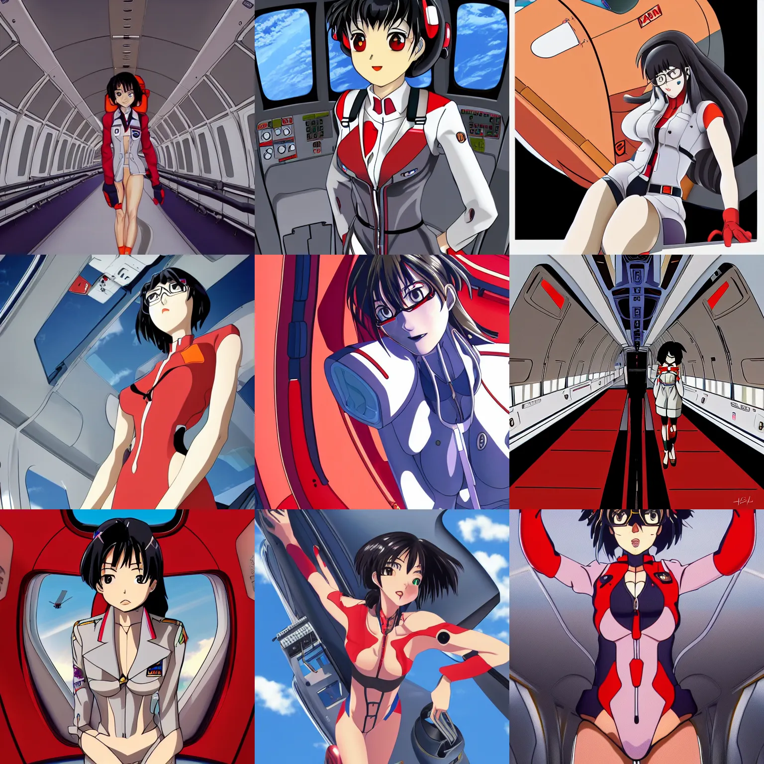 Prompt: rei _ asami evangelion, high detail airplane cabin, symmetrical, pilot, evangelion