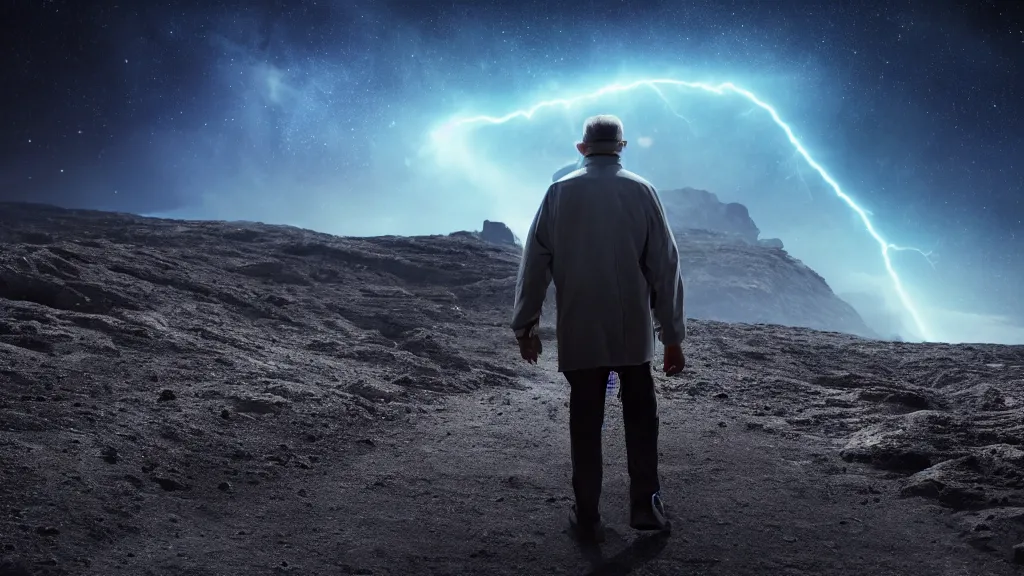 Image similar to an elderly man walking on a planet. close bottom view. whole body. nebula background. cinematic composition. cinematic lightning. ultra realistic. 8 k. highly detailled. deep space. ultra realistic details. cinematic atmosphere. studio lighting. shadows. dark background.