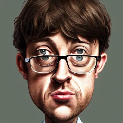 Image similar to Caricature portraits done of a young Graham Coxon, realistic, hyperrealistic, very realistic, highly detailed, very detailed, extremely detailed, detailed, oil painting, digital art, trending on artstation