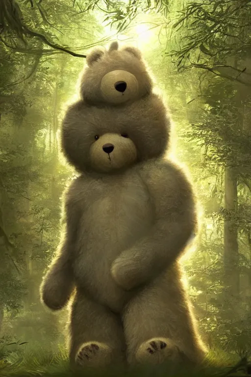 Image similar to mean fluffy teddybear protecting girl in a forest with rays of light coming through the canopy, masterpiece, dystopian, sci-fi, extremely detailed, digital painting, sculpted in zbrush, artstation, concept art, smooth, sharp focus, illustration, chiaroscuro lighting, golden ratio, incredible art, artgerm, greg rutkowski, alphonse mucha, simon stalenhag, carravaggio