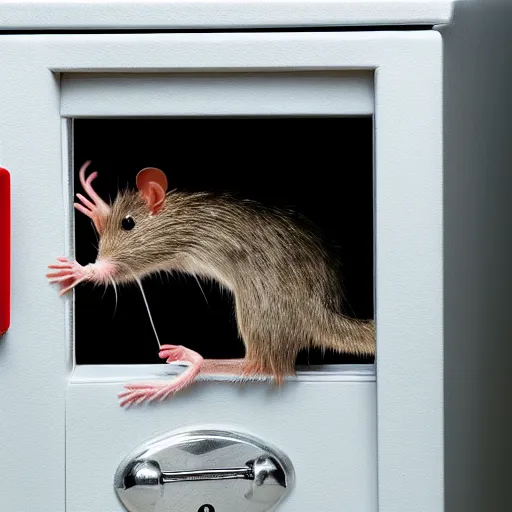 Prompt: A very long and abnormally stretched rat cracking a safe.