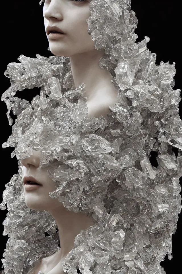Prompt: a sculpture made of water and crystal, bust, portrait, fashion model, future, harper's bazaar, vogue, magazine, insanely detailed and intricate, concept art, ornate, luxury, elite, elegant, trending on artstation, by Ruan Jia, Kenneth Willardt, Ross Tran, WLOP, Andrei Riabovitchev.