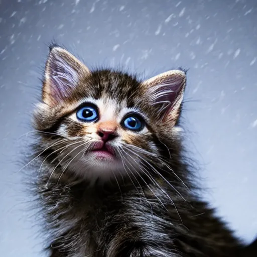 Prompt: super crisp closeup photo of a kitten with an extremely long monkey's tail. it is sitting in the snow, studio lighting, in the style of rodger deakins, moody, rim light, beautiful lighting, 8 k, stunning scene, blade runner, dune, seven,