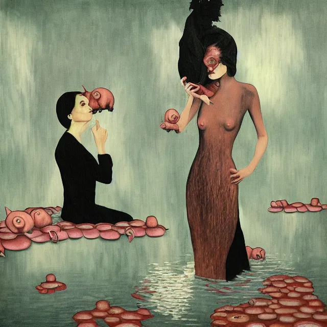 Image similar to tall female emo artist holding a pig in her flooded bathroom, mushrooms, octopus, water gushing from ceiling, painting of flood waters inside an artist's bathroom, a river flooding indoors, pomegranates, pigs, ikebana, zen, river, rapids, waterfall, black swans, canoe, berries, acrylic on canvas, surrealist, by magritte and monet