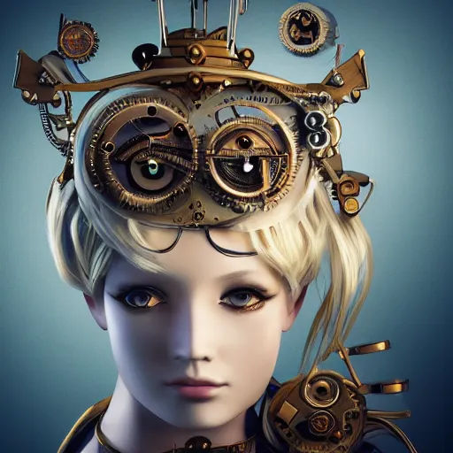 Image similar to a pretty blond steampunk seraphim in the middle of a machine city, perfect symmetrical face, cute face, 8 k, shallow depth of field, 8 k, ultra high detail, concept art, w 1 0 2 4