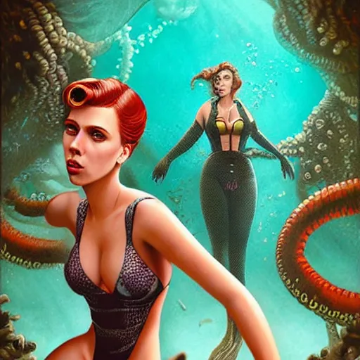 Image similar to lofi underwater bioshock portrait of scarlett johansson in swimsuit with giant octopus, Pixar style, by Tristan Eaton Stanley Artgerm and Tom Bagshaw.