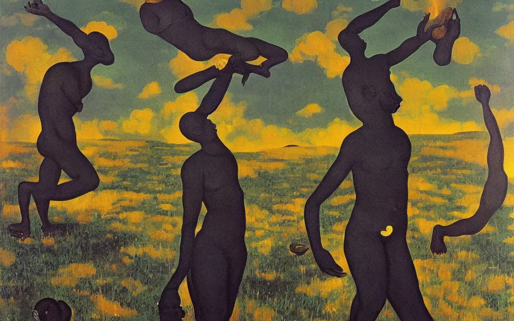 Prompt: black hindu god golden meadow, detailed painting by rene magritte