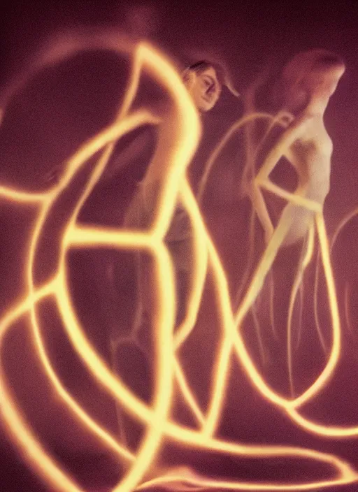 Image similar to symmetrical females ascending astral projection, liquid glowing auras, motion blur, long exposure, film grain, cinematic lighting, experimental film, shot on 1 6 mm