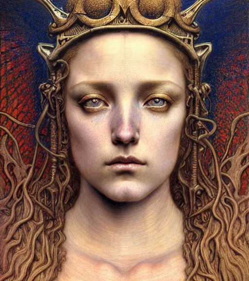 Image similar to detailed realistic beautiful young medieval queen of mars face portrait by jean delville, gustave dore and marco mazzoni, art nouveau, symbolist, visionary, gothic, pre - raphaelite. horizontal symmetry by zdzisław beksinski, iris van herpen, raymond swanland and alphonse mucha. highly detailed, hyper - real, beautiful