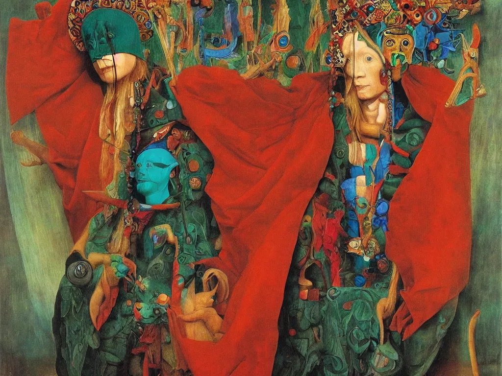 Image similar to Portrait of albino mystic with blue eyes, in psychedelic trance, with totemic archaic mask made from Malachite. Painting by Jan van Eyck, Audubon, Rene Magritte, Agnes Pelton, Max Ernst, Walton Ford