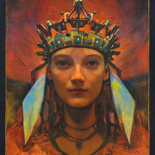 Prompt: the crown of madness, by Annie Swynnerton and Nicholas Roerich and Diego Rivera, bioluminescent skin, elaborate costume, geometric ornament, symbolist, rich color, dramatic cinematic lighting, smooth, sharp focus, extremely detailed