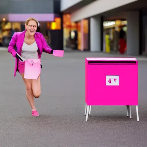 Image similar to a pink letter box with human legs running around in a shopping center