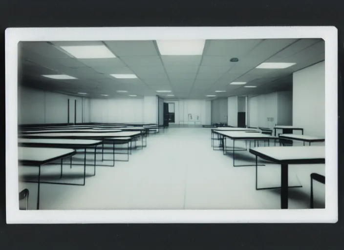 Prompt: polaroid photograph of a large white empty breakroom, retrofuturist liminal space, hundreds of chairs and tables, familiar place, clean, black mold, amateur, unreal engine, photorealistic, trending on artstation