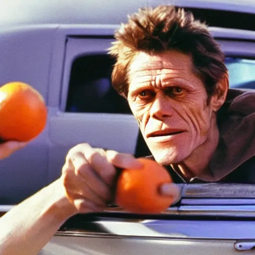 Prompt: Willem Dafoe in a sweater, with a confused face holding oranges on two outstretched hands, against the background of a retro car, focus on the foreground, realism, details,