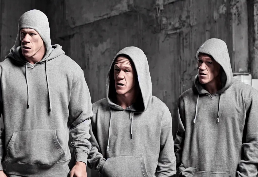 Image similar to john cena with a gray cap and a gray hoodie with the hood on. He's in a rap battle at an abandoned warehouse. Lose yourself by eminem music video.