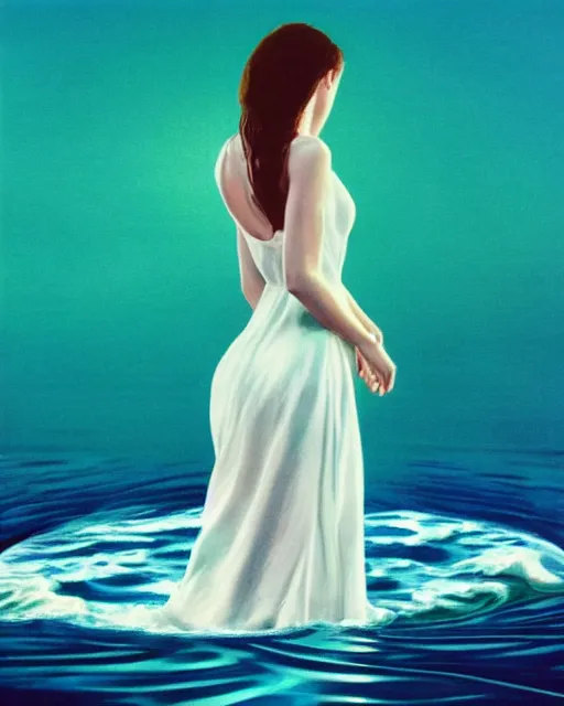 Image similar to a woman in a white dress standing in the water, an album cover by stanley twardowicz, trending on cg society, retrofuturism, retrowave, chillwave, synthwave