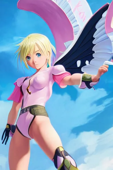 Prompt: blonde little girl with butterfly wings in an pink and white hero outfit, digital artwork made by artgerm lau and makoto shinkai, shaped focus, heroic composition, hero pose, inspired by peni parker from spiderverso, smooth, anatomically correct