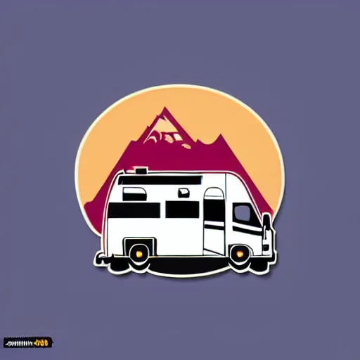 Image similar to vector art of a white and black cute thor chateau! motorhome camper!!, highway, mountains and colorful sunset!!, very happy, minimal vector art sticker!! by tom whalen, sanja stikovic