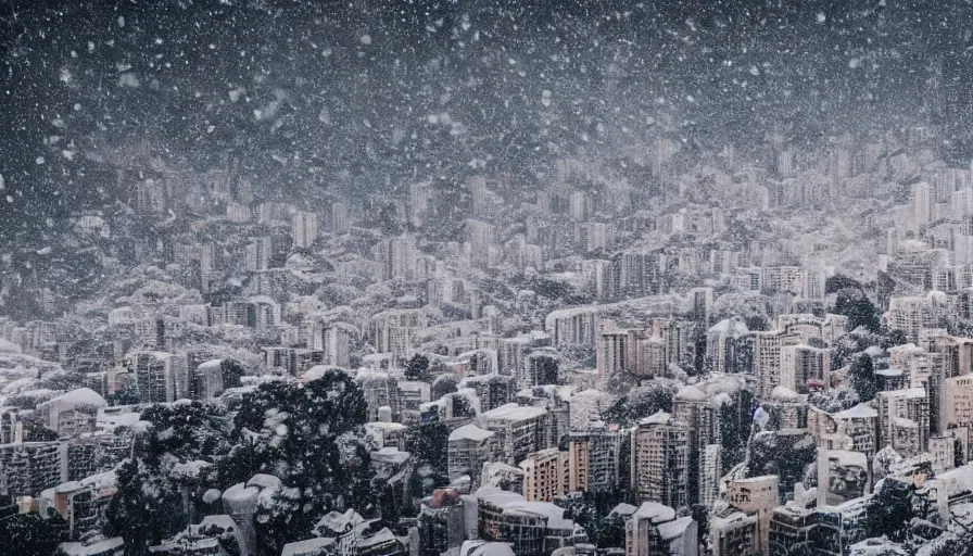 Image similar to the city of rio de janeiro covered in snow, winter photograph, snowing, wide shot, landscape, 4 k, award winning photograph, beautiful, trending on instagram