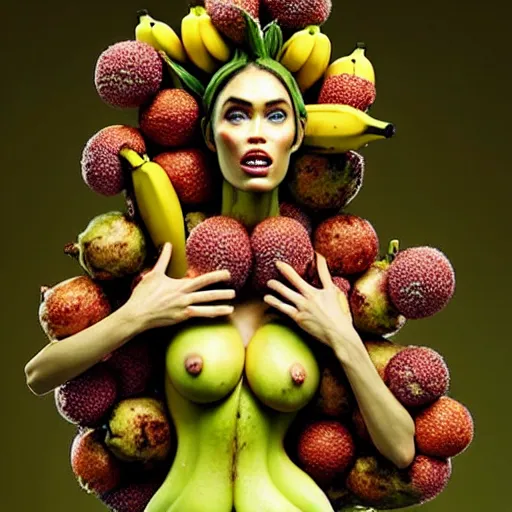 Image similar to banana dryad editorial 2 0 0 mm, megan fox editorial by malczewski and arcimboldo, banana dryad character sculpture by arcimboldo, stil frame from'cloudy with a chance of meatballs 2'( 2 0 1 3 ) of banana dryad, banana hybrid megan fox editorial by alexander mcqueen and arcimboldo