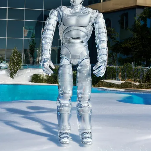 Image similar to made of ice, a realistic detailed photo of a guy who is an attractive humanoid who is half robot and half humanoid, who is a male android, on display, blank stare, showing off his muscles, shiny skin, posing like a statue, by the pool, frozen ice statue, twitch streamer / gamer ludwig, humanoid robot